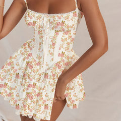 Sexy Strapless Sling Dress for Summer Women's 2024 NEW Lace-up High Waist Lace floral print A-line Mini Dress