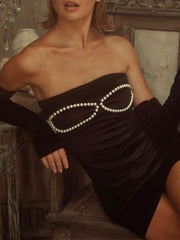 Sleeve Cover Faux Pearl Strapless Velvet Mini Dress
