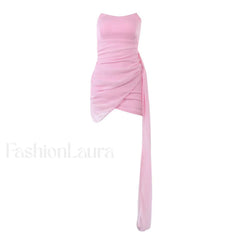 Solid Color Ruched Wrap Trim Strapless Bodycon Party Mini Dress - Pink