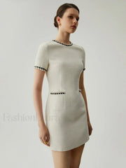 Tweed Contrast Trim Trendy Pocket Mini Dress