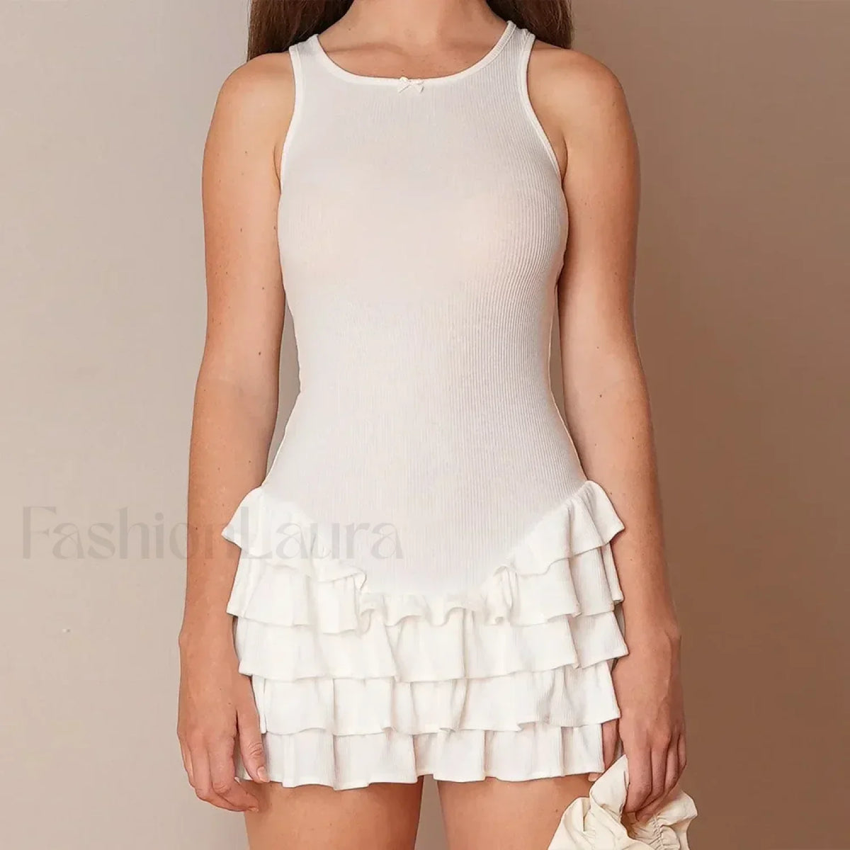 White Ruffles Summer Fashion Sleeveless Slim Tank 2024 Female O-neck Casual Outfits Mini Dress