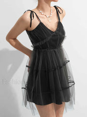 Y2K Gothic Patchwork Mesh Tie Strap Mini Dress